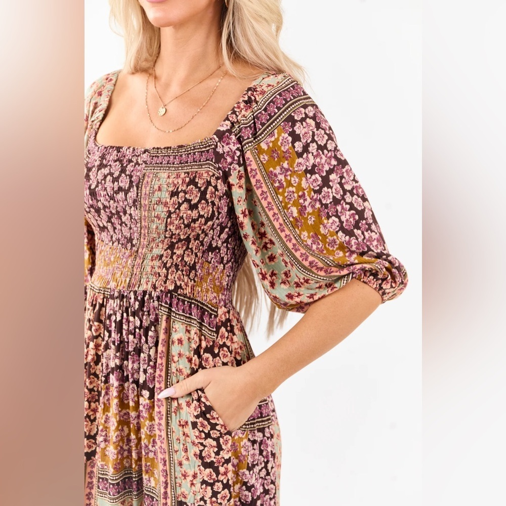 NWT Boho Mixed Floral Patchwork Print Smocked Balloon Sleeve Maxi Midi Dress - Picture 8 of 9